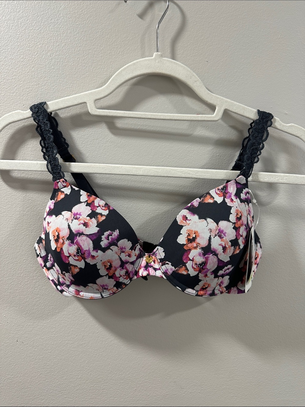 Natori Black Floral Lace-Trim Underwire Bra with Pink & White Blooms